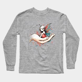 Woman Cradling Fairy in Palm Of Hand Watercolor Design | Light Long Sleeve T-Shirt